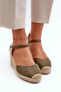 Zamszowe Sandałki Espadryle Na Koturnie Zielone Cammer