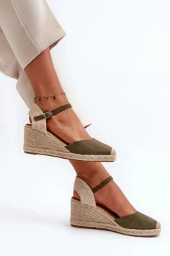 Zamszowe Sandałki Espadryle Na Koturnie Zielone Cammer