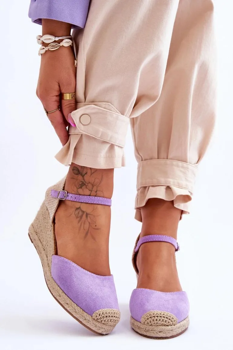 Zamszowe Sandałki Espadryle Na Koturnie Fioletowe Cammer