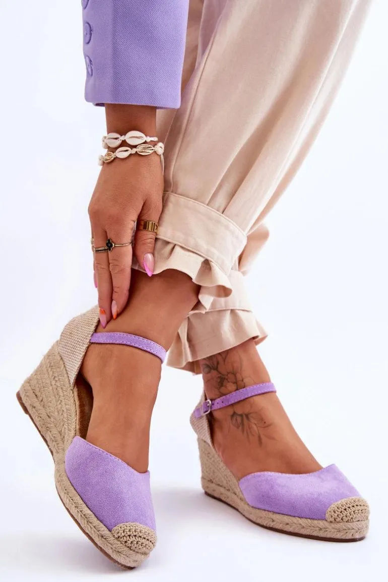 Zamszowe Sandałki Espadryle Na Koturnie Fioletowe Cammer