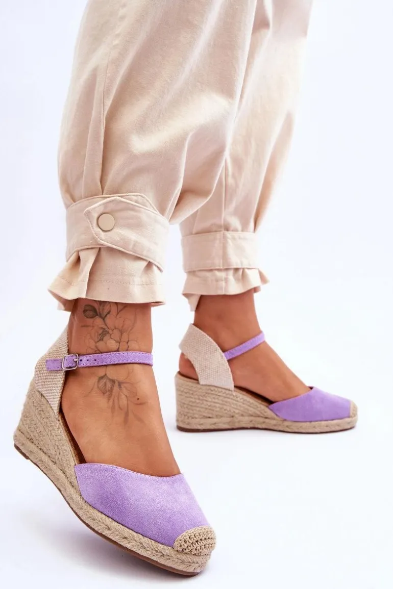 Zamszowe Sandałki Espadryle Na Koturnie Fioletowe Cammer