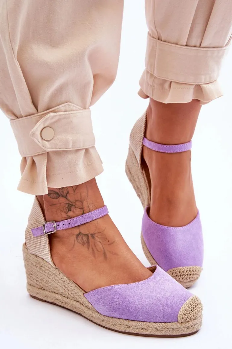 Zamszowe Sandałki Espadryle Na Koturnie Fioletowe Cammer