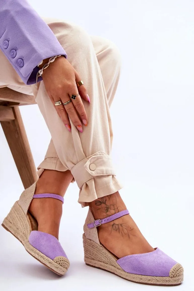 Zamszowe Sandałki Espadryle Na Koturnie Fioletowe Cammer