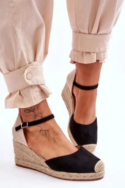 Zamszowe Sandałki Espadryle Na Koturnie Czarne Cammer