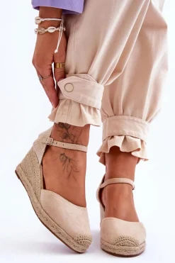 Zamszowe Sandałki Espadryle Na Koturnie Beżowe Cammer