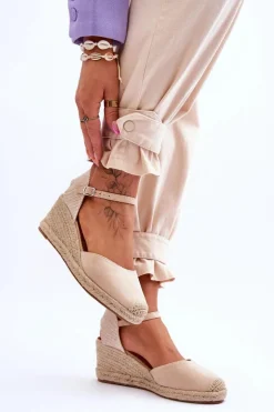 Zamszowe Sandałki Espadryle Na Koturnie Beżowe Cammer