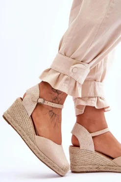 Zamszowe Sandałki Espadryle Na Koturnie Beżowe Cammer