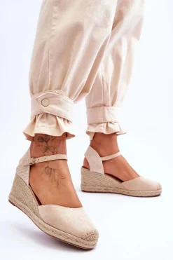 Zamszowe Sandałki Espadryle Na Koturnie Beżowe Cammer