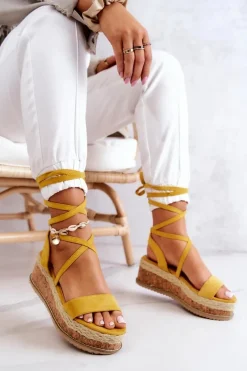 Zamszowe Sandałki Espadryle Na Koturnie Żółte Shanny
