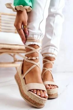 Zamszowe Sandałki Espadryle Na Koturnie Beżowe Shanny