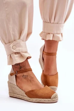 Zamszowe Sandałki Espadryle Na Koturnie Camel Cammer