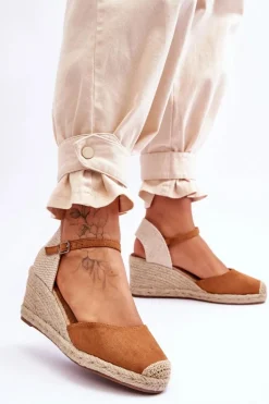 Zamszowe Sandałki Espadryle Na Koturnie Camel Cammer
