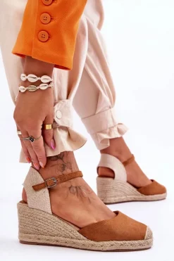 Zamszowe Sandałki Espadryle Na Koturnie Camel Cammer