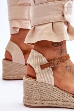 Zamszowe Sandałki Espadryle Na Koturnie Camel Cammer
