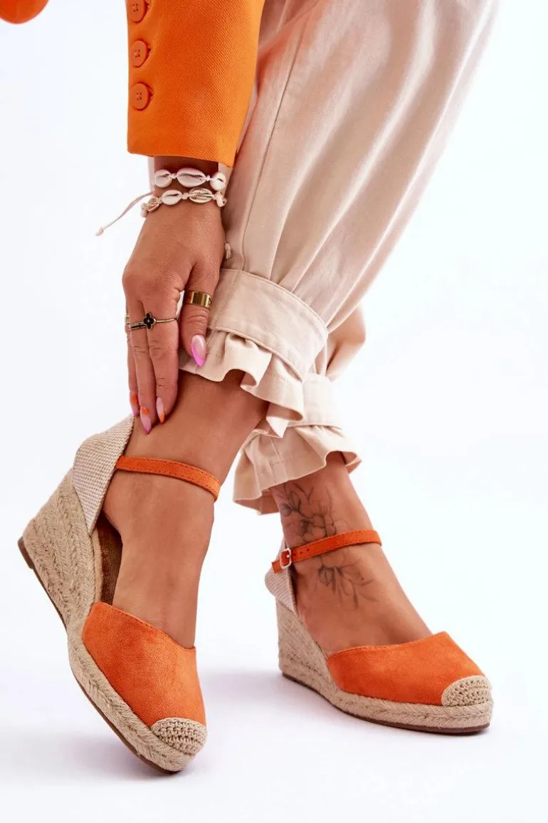 Zamszowe Sandałki Espadryle Na Koturnie Pomarańczowe Cammer