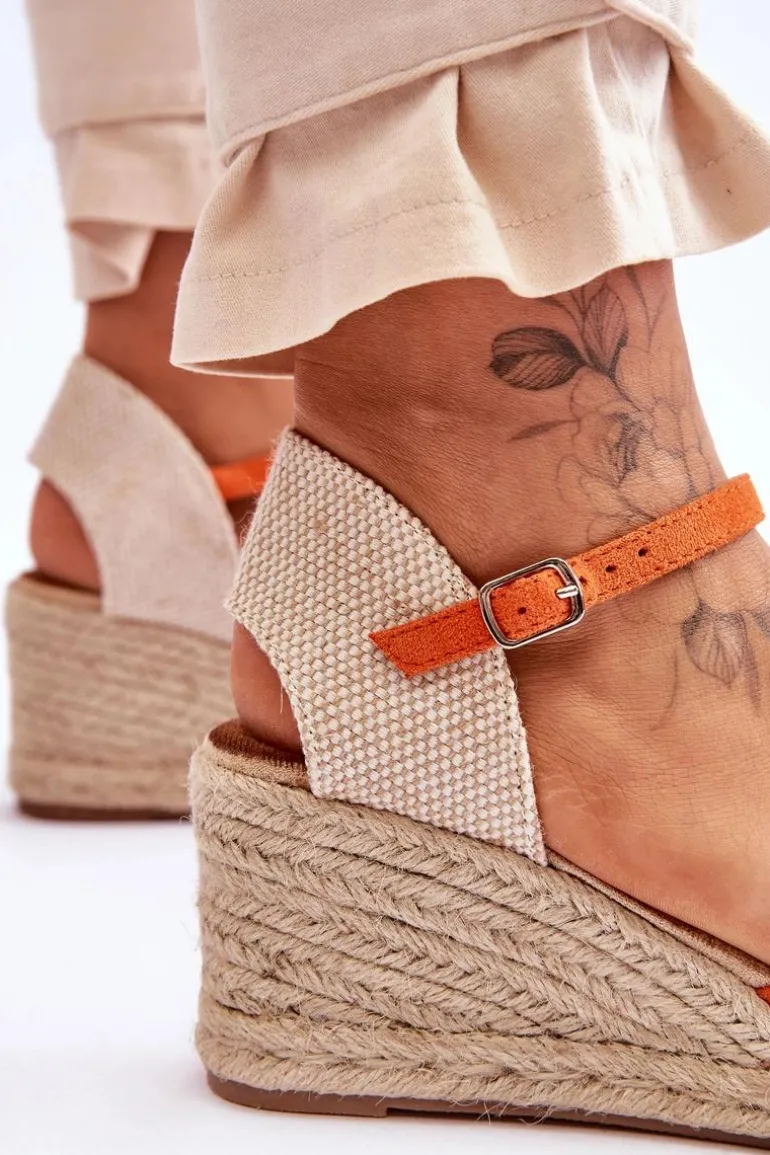 Zamszowe Sandałki Espadryle Na Koturnie Pomarańczowe Cammer