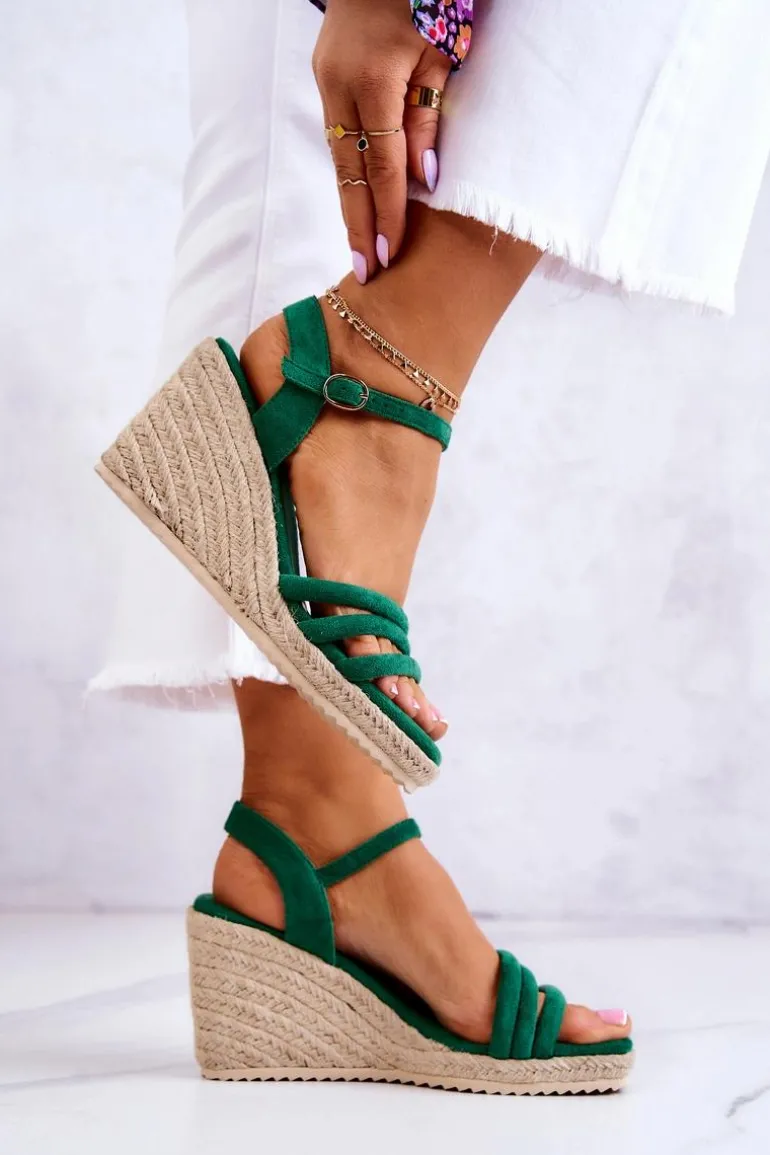 Zamszowe Sandałki Na Koturnie Zielone Louisiana