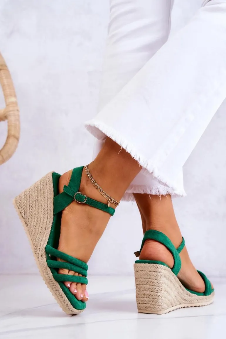 Zamszowe Sandałki Na Koturnie Zielone Louisiana