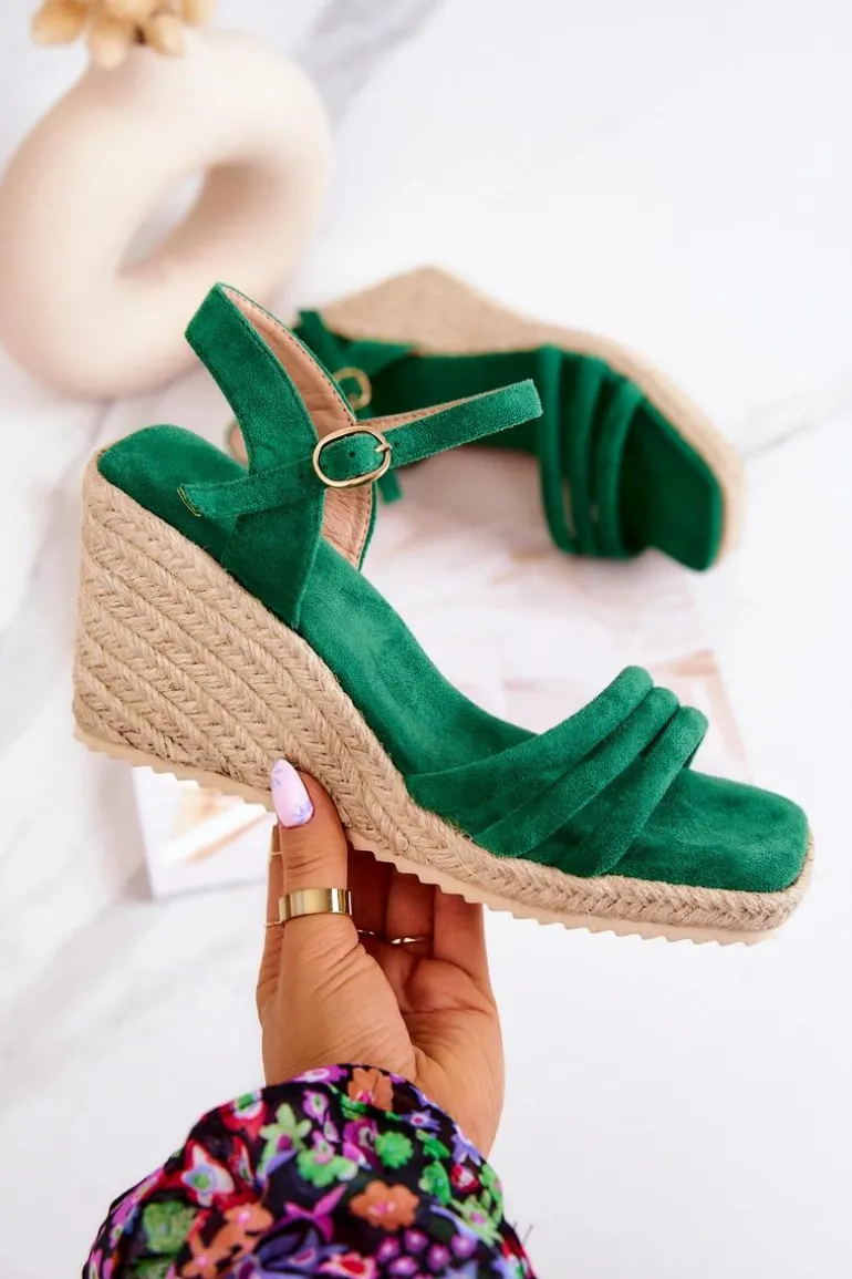 Zamszowe Sandałki Na Koturnie Zielone Louisiana