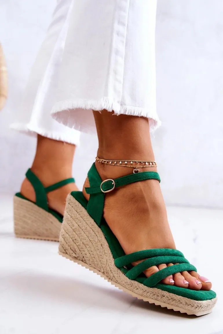 Zamszowe Sandałki Na Koturnie Zielone Louisiana