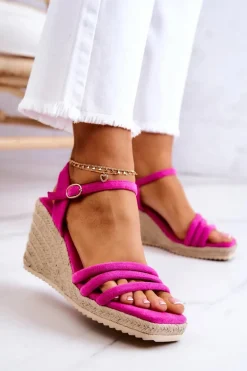 Zamszowe Sandałki Na Koturnie Różowe Louisiana