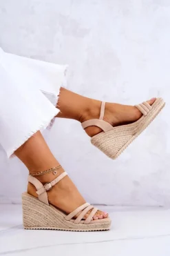 Zamszowe Sandałki Na Koturnie Beżowe Louisiana