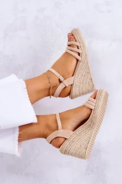 Zamszowe Sandałki Na Koturnie Beżowe Louisiana