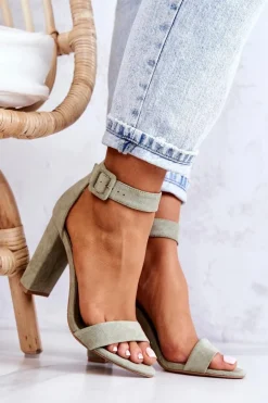 Zamszowe Sandałki Na Obcasie Jasnozielone Jacqueline