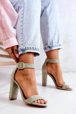 Zamszowe Sandałki Na Obcasie Jasnozielone Jacqueline