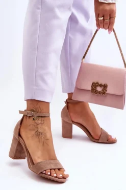 Zamszowe Sandałki Na Obcasie Ciemnobeżowe Madame