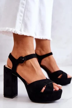 Zamszowe Sandałki Na Obcasie Czarne Semilla