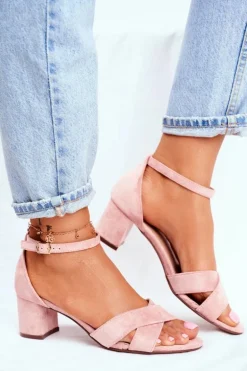 Zamszowe Sandałki na Słupku Różowe Nela