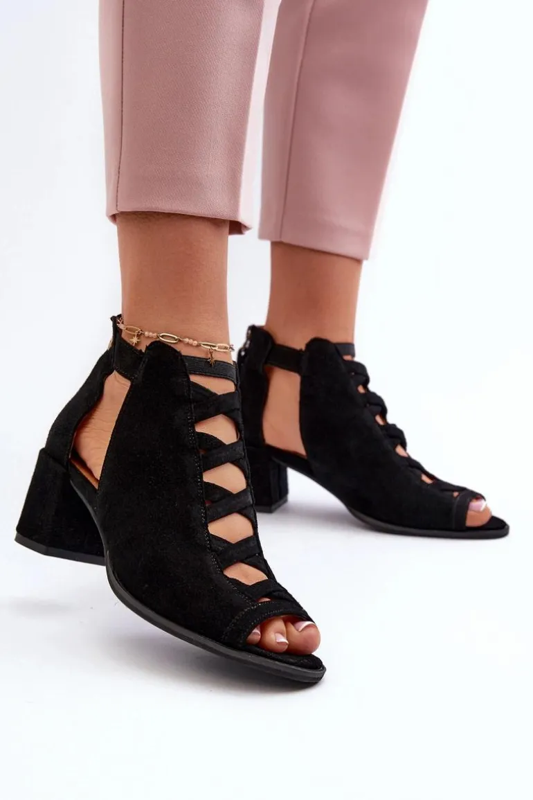 Zamszowe Sandały Damskie Na Obcasie Maciejka 06456-01 Czarne