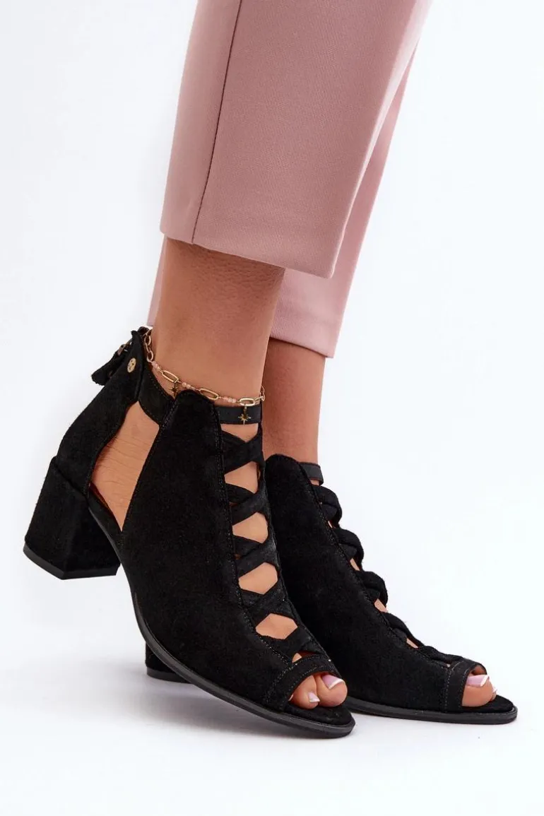 Zamszowe Sandały Damskie Na Obcasie Maciejka 06456-01 Czarne
