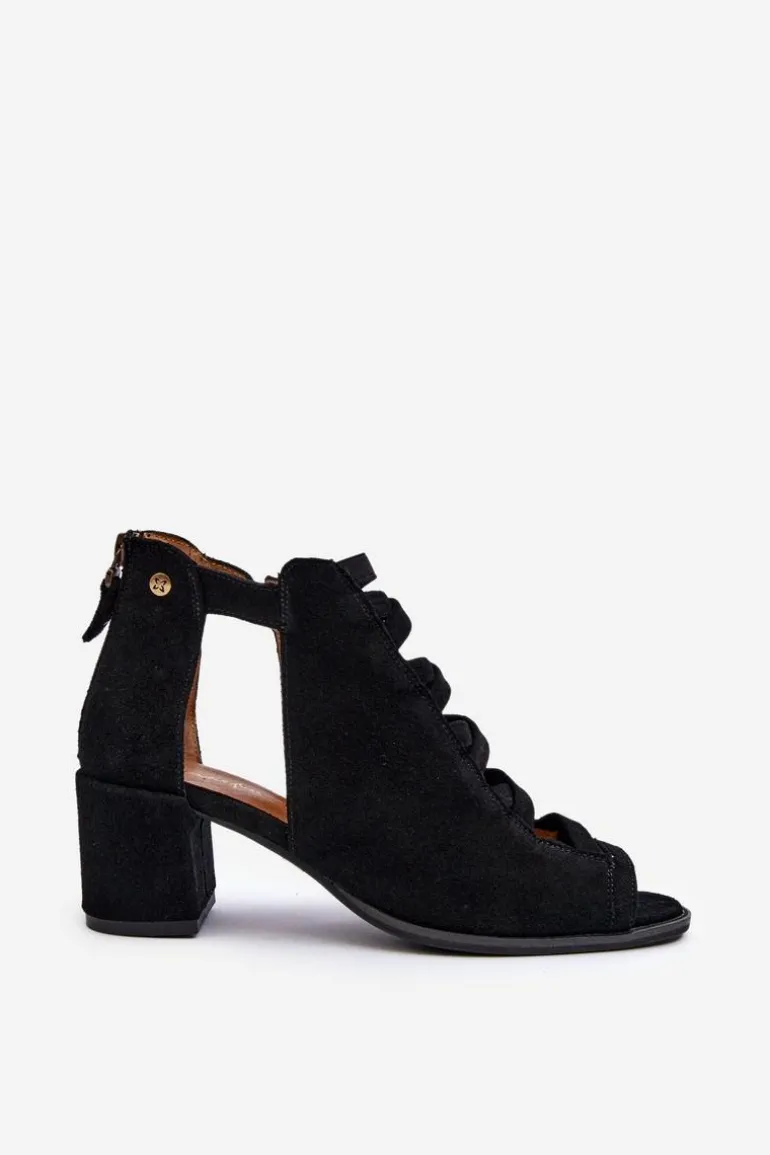 Zamszowe Sandały Damskie Na Obcasie Maciejka 06456-01 Czarne