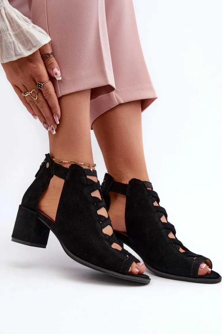 Zamszowe Sandały Damskie Na Obcasie Maciejka 06456-01 Czarne