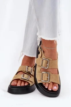 Zamszowe Sandały Damskie Z Klamrami Big Star RR274665 Beżowe