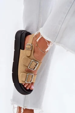 Zamszowe Sandały Damskie Z Klamrami Big Star RR274665 Beżowe