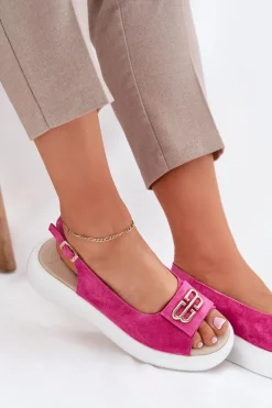 Zamszowe Sandały Damskie Ze Złotym Detalem S.Barski GR51-604 Fuksja