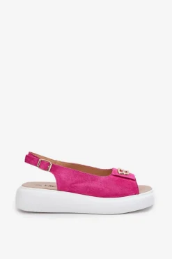 Zamszowe Sandały Damskie Ze Złotym Detalem S.Barski GR51-604 Fuksja