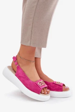 Zamszowe Sandały Damskie Ze Złotym Detalem S.Barski GR51-604 Fuksja