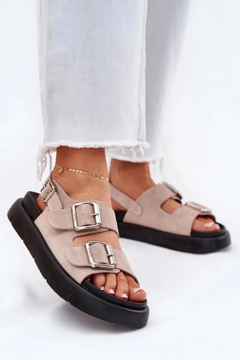 Zamszowe Sandały Damskie Z Klamrami Big Star RR274663 Jasnoróżowe