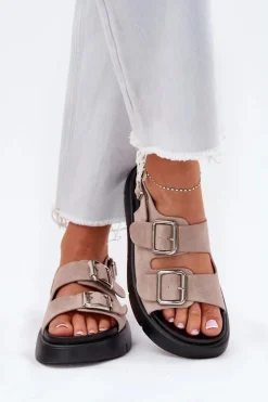 Zamszowe Sandały Damskie Z Klamrami Big Star RR274663 Jasnoróżowe