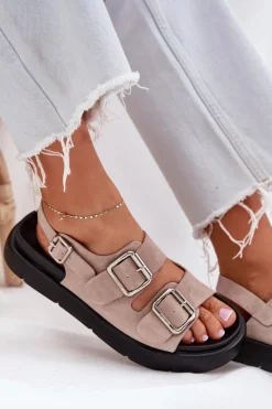 Zamszowe Sandały Damskie Z Klamrami Big Star RR274663 Jasnoróżowe