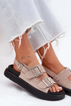 Zamszowe Sandały Damskie Z Klamrami Big Star RR274663 Jasnoróżowe