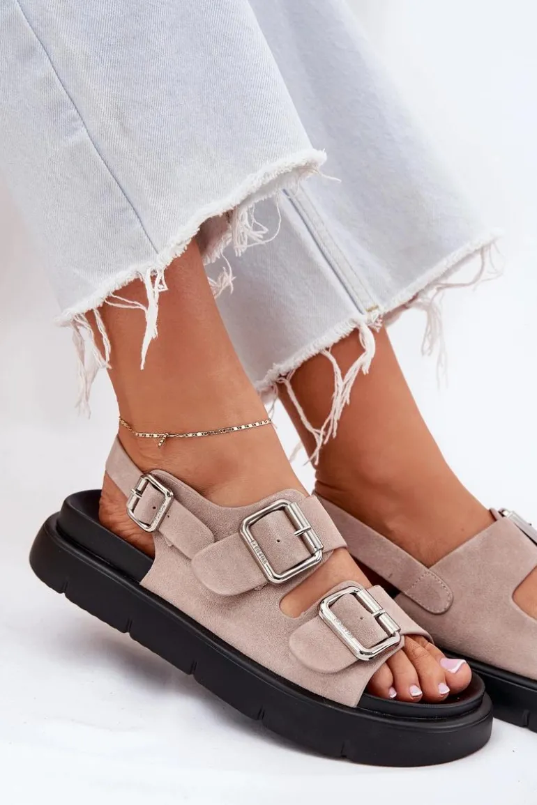 Zamszowe Sandały Damskie Z Klamrami Big Star RR274663 Jasnoróżowe