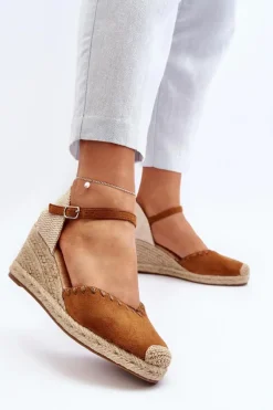 Zamszowe Sandały Espadryle Na Koturnie Z Plecionką Camel Raylin