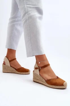 Zamszowe Sandały Espadryle Na Koturnie Z Plecionką Camel Raylin