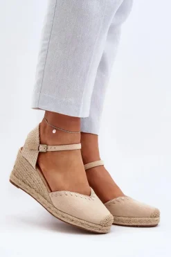 Zamszowe Sandały Espadryle Na Koturnie Z Plecionką Beżowe Raylin