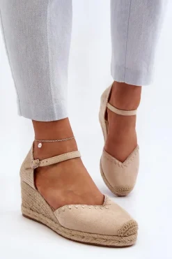 Zamszowe Sandały Espadryle Na Koturnie Z Plecionką Beżowe Raylin